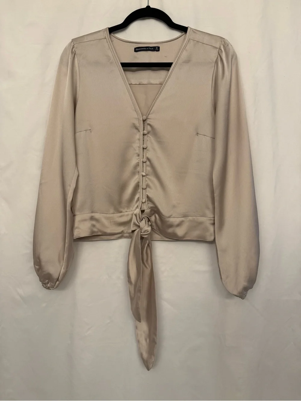 Abercrombie & Fitch Light Cream Satin Tie-Front Blouse